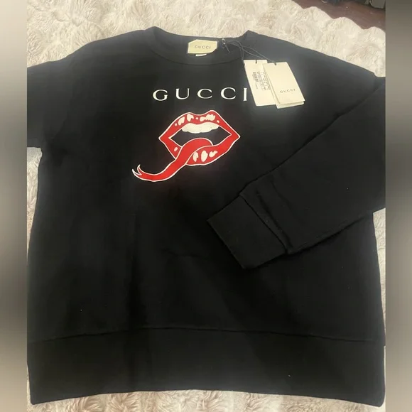 Gucci Lip and Logo Print Cotton Jersey Sweatshirt Sz S - Picture 7 of 10